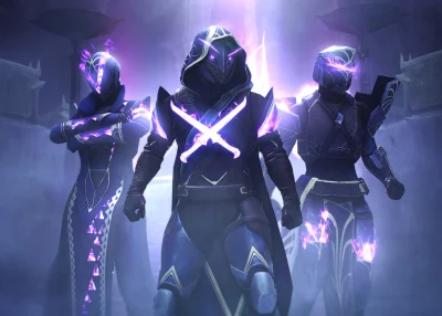 Three Futuristic Armored Warriors with Glowing Purple Energy and Enigmatic Presence image