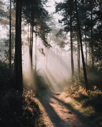 Golden Sunbeams Pierce Ethereal Mist on a Tranquil Forest Path at Sunrise