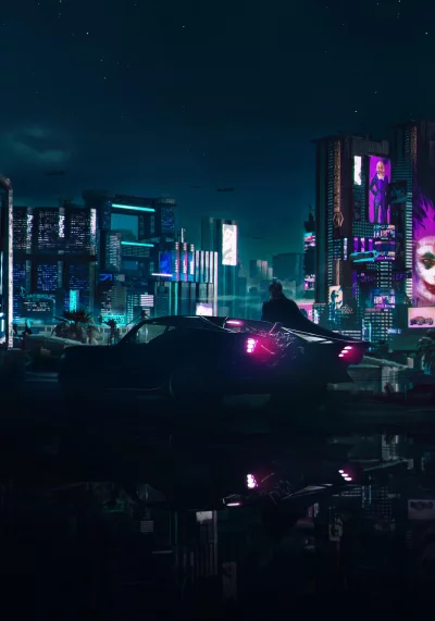 Cyberpunk City Night: Character by Glowing Car in Neon Metropolis image