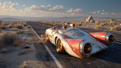 Rusted retro-futuristic car abandoned on a desert highway at sunset