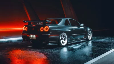 Sleek JDM Nissan GT-R R34 in a Futuristic Neon-Lit Urban Garage with Wet Reflections image