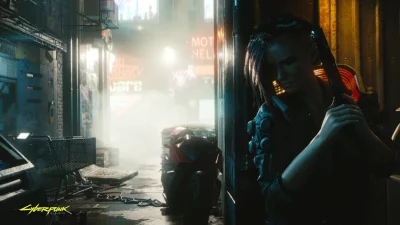 Female Cyberpunk character V holding weapon in neon-lit Night City alleyway image
