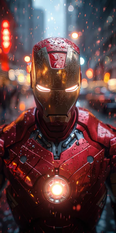 Iron Man Suit Glowing Amidst Rain and City Lights