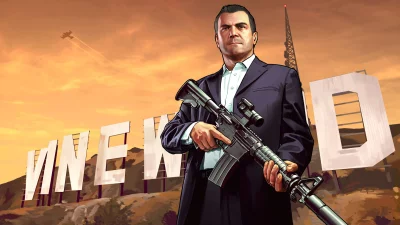 Vigilant Man in Suit with Assault Rifle at Hollywood-esque Landmark Sunset for Action Games image