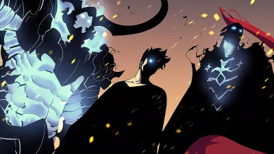 Powerful anime hero with glowing blue eyes commanding spectral shadows in action image