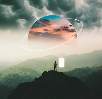Man on Mountain Peak Gazing at Glowing Portal with Sunset Planet image