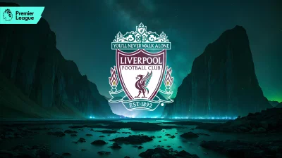 Liverpool Football Club & Premier League Logos on Mystical Night Landscape image