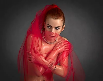 Sensual Portrait of Woman in Red Veil with Elegant Jewelry image