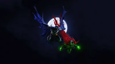 Batman and Spawn Dynamic Duo Flying Against a Bright Full Moon image