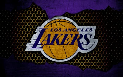 Dynamic Los Angeles Lakers Basketball Emblem on Textured Hexagonal Mesh image