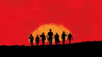 Seven Cowboy Silhouettes Against Fiery Western Sunset Landscape image