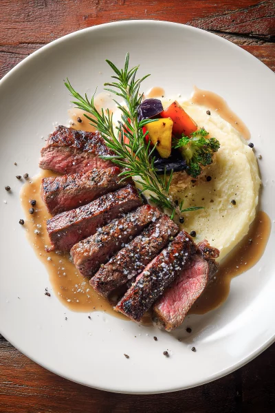 Delicious Sliced Steak with Mashed Potatoes and Roasted Vegetables