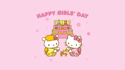 Hello Kitty and Friends Celebrate Japanese Girls' Day Hinamatsuri with Traditional Hina Doll Display on Pink Background image