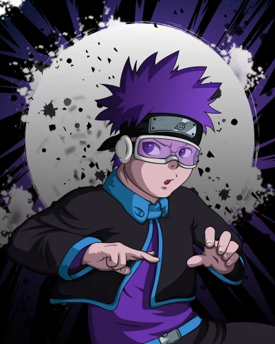 Dynamic Anime Style Character with Purple Hair, Goggles, and Forehead Protector in Action Pose image