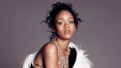 Captivating Rihanna in White Faux Fur and Sapphire Statement Necklace Glamour Portrait image