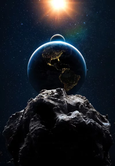 Cosmic Vista: Illuminated Earth, Moon, Sun, and Asteroid in Starry Space image