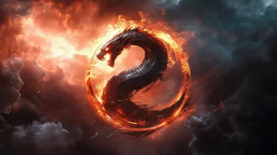 Majestic Black Dragon Encircled by Blazing Fire and Stormy Sky image
