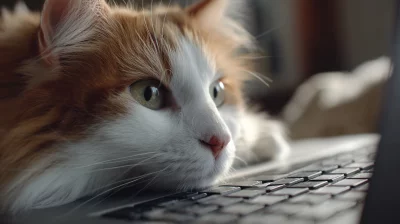 Fluffy Ginger and White Cat Resting Head on Laptop Keyboard Close-up