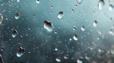 Abstract Close-up of Raindrops on Glass with Moody Blue Sky Background