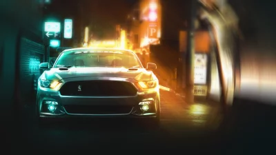 Sleek Ford Mustang GT 5.0 Illuminating Neon City Street at Night image