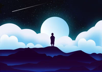 Child Silhouette Gazing at Starry Night Sky with Glowing Moon and Clouds image