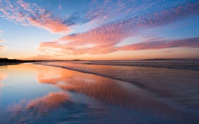 Vibrant Coastal Sunset with Delicate Pink Clouds and Wet Sand Reflections image