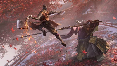 Axe-Wielding Warrior Engages Mystical Guardian in Snowy Autumn Temple Battle image