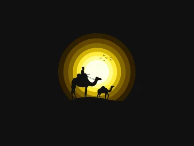 Desert Caravan Silhouettes with Rider and Calf Against Concentric Golden Circles Illustration image