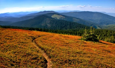 Vibrant Autumn Mountain Landscape with Winding Hiking Path Breathtaking Cinematic Wallpaper image