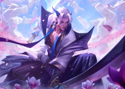 Ethereal Male Fantasy Warrior with White Hair and Glowing Sword Amidst Cherry Blossoms image
