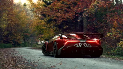 Red Lamborghini Supercar on Autumn Road with Vibrant Fall Foliage image