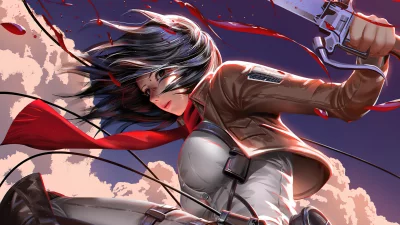 Dynamic Anime Warrior with Flowing Hair and Red Scarf in Action image