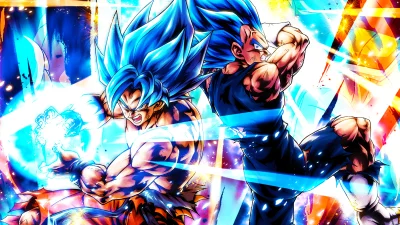 Dynamic Anime Battle: Super Saiyan Blue Goku and Vegeta Unleash Destructive Power image