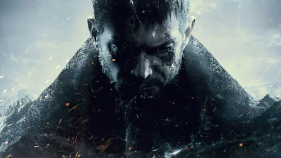 Chris Redfield's Determined Gaze in Snowy Battle Landscape Character Portrait image