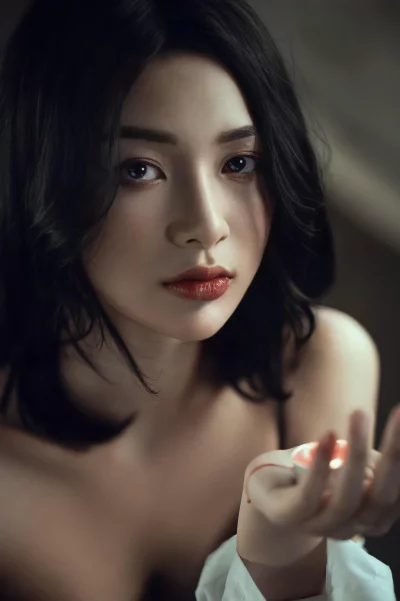 A beautiful young womanhas long dark hair and light skin