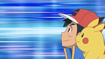 Dynamic Ash Ketchum and Pikachu on a Fast-Paced Anime Adventure with Blue Speed Lines image