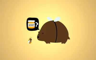 Cute Cartoon Bear and Bee Contemplating Honey Jar Illustration image