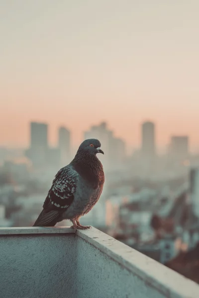 Solitary Pigeon Perched on Urban Railing Overlooking City Skyline at Sunset
