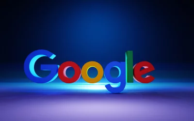 3D Google Logo Illuminated on Vibrant Blue and Purple Gradient Background image