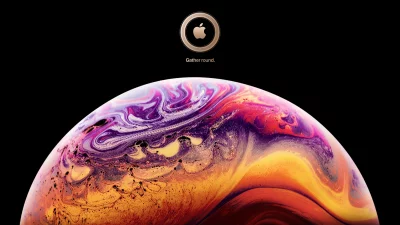 Golden Apple Emblem on Cosmic Swirl Background with 'Gather Round' Text image