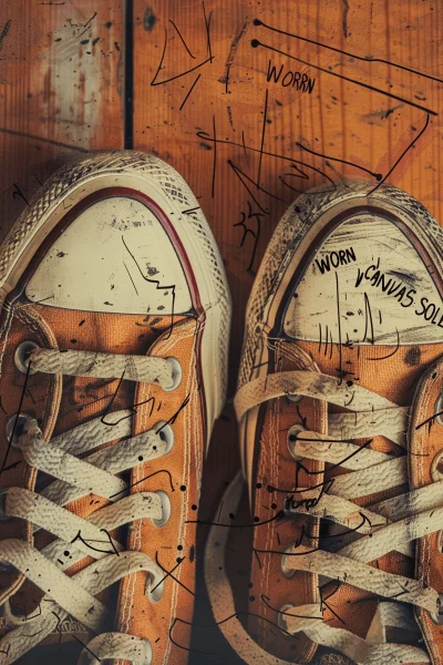 Distressed Orange Canvas Shoes with Artistic Graffiti Overlay on Rustic Wooden Texture