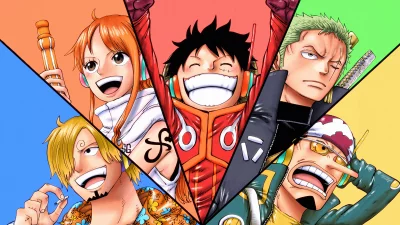 Dynamic One Piece Character Showcase: Luffy and Straw Hat Pirates in Energetic Illustration image