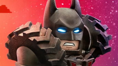 Lego Batman in Distressed Armored Suit with Glowing Blue Eyes Intense Gaze image