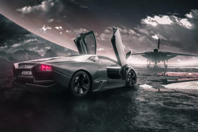 Luxury Lamborghini Reventón Supercar on Rugged Alien Landscape with Stealth Aircraft image