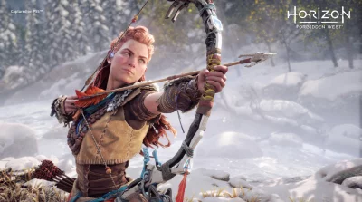 Aloy Aiming Futuristic Bow in Snowy Wilderness Adventure image