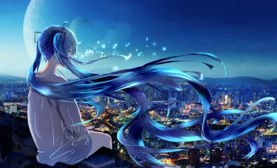 Vibrant Anime Girl with Luminous Blue Hair Overlooking a Cyberpunk City at Night image