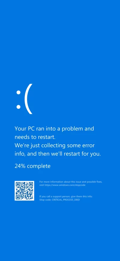 Windows PC CRITICAL_PROCESS_DIED error screen with QR code