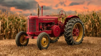 Vintage Red Tractor in a Field at Sunset