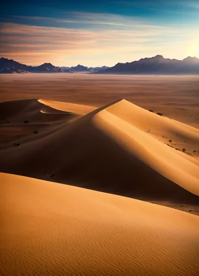 Golden desert sand dunes under a dramatic sunset sky with mountains in distance