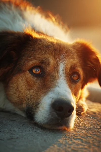Majestic Dog Portrait with Captivating Golden Eyes Reflecting Sunset Light